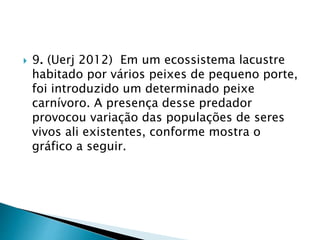  9. (Uerj 2012) Em um ecossistema lacustre
habitado por vários peixes de pequeno porte,
foi introduzido um determinado peixe
carnívoro. A presença desse predador
provocou variação das populações de seres
vivos ali existentes, conforme mostra o
gráfico a seguir.
 