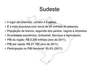 Sudeste
●
4 lugar de extensão, contém 4 Estados.
●
É a mais populosa,com cerca de 80 milhões de pessoas.
●
População de branca, seguindo dos pardos, negros e amarelos.
● Diversidade econômica. (Industrial, Serviços e Agricultura).
●
PIB da região: R$ 2,295 trilhões (ano de 2011).
●
PIB per capita: R$ 27.160 (ano de 2011).
●
Participação no PIB Nacional: 55,4% (2011).
 
