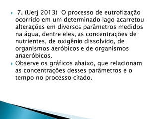  7. (Uerj 2013) O processo de eutrofização
ocorrido em um determinado lago acarretou
alterações em diversos parâmetros medidos
na água, dentre eles, as concentrações de
nutrientes, de oxigênio dissolvido, de
organismos aeróbicos e de organismos
anaeróbicos.
 Observe os gráficos abaixo, que relacionam
as concentrações desses parâmetros e o
tempo no processo citado.
 