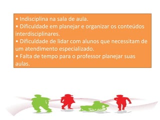 • Indisciplina na sala de aula.
• Dificuldade em planejar e organizar os conteúdos
interdisciplinares.
• Dificuldade de lidar com alunos que necessitam de
um atendimento especializado.
• Falta de tempo para o professor planejar suas
aulas.
 