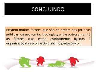 CONCLUINDO
Existem muitos fatores que são de ordem das políticas
públicas, da economia, ideologias, entre outros; mas há
os fatores que estão estritamente ligados à
organização da escola e do trabalho pedagógico.
Existem muitos fatores que são de ordem das políticas
públicas, da economia, ideologias, entre outros; mas há
os fatores que estão estritamente ligados à
organização da escola e do trabalho pedagógico.
 