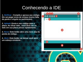 1. Verificar : Compila e aprova seu código.
Ele vai pegar erros de sintaxe (como falta
de ponto e vírgula ou parênteses).
2. Upload: Envia o seu código para o
placa. Ao clicar nele , você deve ver os
leds em sua placa piscar rapidamente.
3. Novo: Este botão abre uma nova aba da
janela de código.
4. Abrir: Este botão vai deixar você abrir
um esboço existente .
Conhecendo a IDE
 