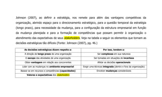 Johnson (2007), ao definir a estratégia, nos remete para além das vantagens competitivas da
organização, abrindo espaço para o direcionamento estratégico, para a questão temporal da estratégia
(longo prazo), para necessidade da mudança, para a configuração da estrutura empresarial em função
da mudança planejada e para a formação de competências que possam permitir à organização o
atendimento das expectativas de seus stakeholders. Veja na tabela a seguir os elementos que tornam as
decisões estratégicas tão difíceis (Fonte: Johnson (2007), pg. 46.)
As decisões estratégicas dizem respeito a: Por isso, tendem a:
A direção de longo prazo de uma organização Ser complexas em sua natureza
O escopo das atividades de uma organização Ser tomadas em situações de incerteza
Obter vantagem em relação aos concorrentes Afetar as decisões operacionais
Lidar com as mudanças no ambiente empresarial Exigir uma técnicas integrada (dentro e fora da organização)
Basear-se em recursos e competências (capacidades) Envolver mudanças consideráveis
Valores e expectativas dos stakeholders
 