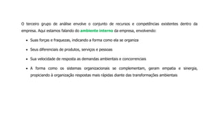 O terceiro grupo de análise envolve o conjunto de recursos e competências existentes dentro da
empresa. Aqui estamos falando do ambiente interno da empresa, envolvendo:
Suas forças e fraquezas, indicando a forma como ela se organiza
Seus diferenciais de produtos, serviços e pessoas
Sua velocidade de resposta as demandas ambientais e concorrenciais
A forma como os sistemas organizacionais se complementam, geram empatia e sinergia,
propiciando à organização respostas mais rápidas diante das transformações ambientais
 