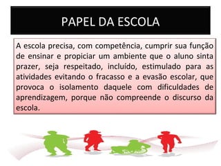 PAPEL DA ESCOLA
A escola precisa, com competência, cumprir sua função
de ensinar e propiciar um ambiente que o aluno sinta
prazer, seja respeitado, incluído, estimulado para as
atividades evitando o fracasso e a evasão escolar, que
provoca o isolamento daquele com dificuldades de
aprendizagem, porque não compreende o discurso da
escola.
 