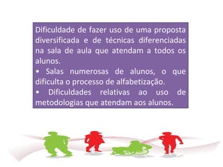 Dificuldade de fazer uso de uma proposta
diversificada e de técnicas diferenciadas
na sala de aula que atendam a todos os
alunos.
• Salas numerosas de alunos, o que
dificulta o processo de alfabetização.
• Dificuldades relativas ao uso de
metodologias que atendam aos alunos.
 