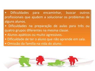• Dificuldades para encaminhar, buscar outros
profissionais que ajudem a solucionar os problemas de
alguns alunos.
• Dificuldades na preparação de aulas para três ou
quatro grupos diferentes na mesma classe.
• Alunos apáticos ou muito agressivos.
• Dificuldade de ter o aluno que não aprende em sala.
• Omissão da família na vida do aluno.
• Dificuldades para encaminhar, buscar outros
profissionais que ajudem a solucionar os problemas de
alguns alunos.
• Dificuldades na preparação de aulas para três ou
quatro grupos diferentes na mesma classe.
• Alunos apáticos ou muito agressivos.
• Dificuldade de ter o aluno que não aprende em sala.
• Omissão da família na vida do aluno.
 