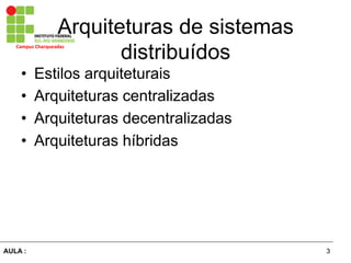 3AULA :
Campus	
  Charqueadas	
  
Arquiteturas de sistemas
distribuídos
•  Estilos arquiteturais
•  Arquiteturas centralizadas
•  Arquiteturas decentralizadas
•  Arquiteturas híbridas
 