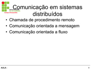 4AULA :
Campus	
  Charqueadas	
  
Comunicação em sistemas
distribuídos
•  Chamada de procedimento remoto
•  Comunicação orientada a mensagem
•  Comunicação orientada a fluxo
 