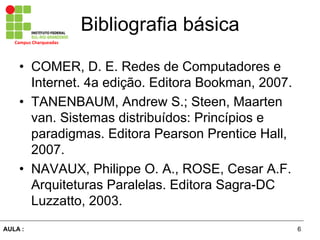 6AULA :
Campus	
  Charqueadas	
  
Bibliografia básica
•  COMER, D. E. Redes de Computadores e
Internet. 4a edição. Editora Bookman, 2007.
•  TANENBAUM, Andrew S.; Steen, Maarten
van. Sistemas distribuídos: Princípios e
paradigmas. Editora Pearson Prentice Hall,
2007.
•  NAVAUX, Philippe O. A., ROSE, Cesar A.F.
Arquiteturas Paralelas. Editora Sagra-DC
Luzzatto, 2003.
 