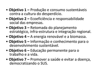 • Objetivo 1 – Produção e consumo sustentáveis
contra a cultura do desperdício.
• Objetivo 2 – Ecoeficiência e responsabilidade
social das empresas.
• Objetivo 3 – Retomada do planejamento
estratégico, infra-estrutura e integração regional.
• Objetivo 4 – A energia renovável e a biomassa.
• Objetivo 5 – Informação e conhecimento para o
desenvolvimento sustentável.
• Objetivo 6 – Educação permanente para o
trabalho e a vida.
• Objetivo 7 – Promover a saúde e evitar a doença,
democratizando o SUS.
 