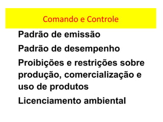 Comando e Controle
Padrão de emissão
Padrão de desempenho
Proibições e restrições sobre
produção, comercialização e
uso de produtos
Licenciamento ambiental
 