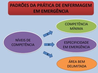 PADRÕES DA PRÁTICA DE ENFERMAGEM
EM EMERGÊNCIA
COMPETÊNCIA
MÍNIMA
ESPECIFICIDADE
EM EMERGÊNCIA
ÁREA BEM
DELIMITADA
2
NÍVEIS DE
COMPETÊNCIA
 