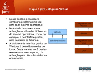 Instrutor Daniel Bernardo
O que é java - Máquina Virtual
• Nesse cenário é necessário
compilar o programa uma vez
para cada sistema operacional
• Na maioria das vezes, a sua
aplicação se utiliza das bibliotecas
do sistema operacional, como, por
exemplo, a de interface gráfica
para desenhar as 'telinhas'.
• A biblioteca de interface gráfica do
Windows é bem diferente das do
Linux. Desta maneira você precisa
reescrever o mesmo pedaço da
aplicação para diferentes sistemas
operacionais.
 