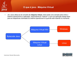 Instrutor Daniel Bernardo
O que é java - Máquina Virtual
• Já o Java utiliza-se do conceito de máquina virtual, onde existe uma camada extra entre o
sistema operacional e a aplicação, responsável por “traduzir” o que sua aplicação deseja fazer
para as respectivas chamadas do sistema operacional no qual ela está rodando no momento:
Bytecode Java
Windows
Linux
Máquina Virtual Win
Máquina Virtual
Linux
 