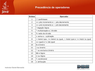 Instrutor Daniel Bernardo
Precedência de operadores
 