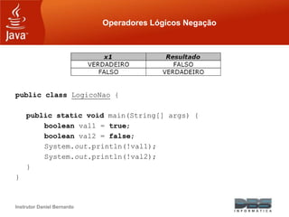 Instrutor Daniel Bernardo
Operadores Lógicos Negação
public class LogicoNao {
public static void main(String[] args) {
boo...