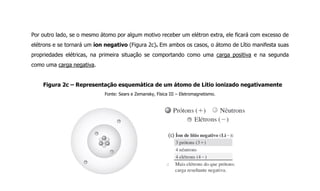 Por outro lado, se o mesmo átomo por algum motivo receber um elétron extra, ele ficará com excesso de
elétrons e se tornará um íon negativo (Figura 2c). Em ambos os casos, o átomo de Lítio manifesta suas
propriedades elétricas, na primeira situação se comportando como uma carga positiva e na segunda
como uma carga negativa.
Figura 2c – Representação esquemática de um átomo de Lítio ionizado negativamente
Fonte: Sears e Zemansky, Física III – Eletromagnetismo.
 