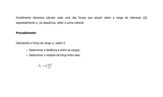 Inicialmente devemos calcular cada uma das forças que atuam sobre a carga de interesse (Q)
separadamente e, na sequência, obter a soma vetorial.
Procedimento:
Calculando a Força da carga sobre
 Determinar a distância r entre as cargas;
 Determinar o módulo da força entre elas:
 