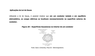 Aplicações da Lei de Gauss
Utilizando a lei de Gauss, é possível mostrar que em um condutor isolado e em equilíbrio
eletrostático, as cargas elétricas se localizam necessariamente na superfície externa do
condutor.
Figura 20 – Superfícies Gaussianas no interior de um condutor
Fonte: Sears e Zemansky, Física III - Eletromagnetismo.
 