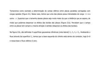 Tomaremos como exemplo a determinação do campo elétrico entre placas paralelas carregadas com
cargas opostas (Figura 21). Nesse caso, temos que uma das placas possui densidades de carga e a
outra . Supomos que o tamanho dessas placas seja muito maior do que a distância que as separa, de
modo que podemos desprezar os efeitos das bordas das placas (Figura 21a). Percebam que o campo
entre as placas tem sempre a mesma direção e sentido (despreze os efeitos das bordas).
Na figura 21b, são definidas 4 superfícies gaussianas cilíndricas (vista lateral) Analisando o
fluxo através da superfície , temos que a base esquerda do cilindro está dentro do condutor, logo E=0
e nessa base o fluxo elétrico é zero.
 