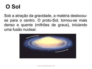 O Sol
Sob a atração da gravidade, a matéria deslocou-
se para o centro. O proto-Sol, tornou-se mais
denso e quente (milhões de graus), iniciando
uma fusão nuclear.
carolcorreageo.blogspot.com
 