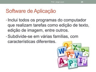 Software de Aplicação
Prof.: Jorge Louro 25
• Inclui todos os programas do computador
que realizam tarefas como edição de texto,
edição de imagem, entre outros.
• Subdivide-se em várias famílias, com
características diferentes.
 