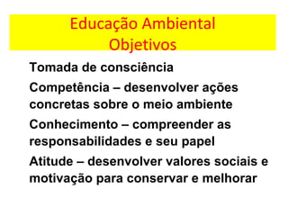Educação Ambiental
Objetivos
Tomada de consciência
Competência – desenvolver ações
concretas sobre o meio ambiente
Conhecimento – compreender as
responsabilidades e seu papel
Atitude – desenvolver valores sociais e
motivação para conservar e melhorar
 