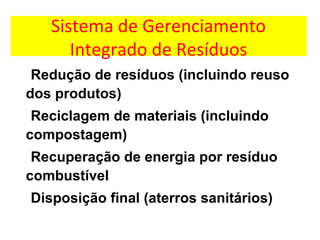 Sistema de Gerenciamento
Integrado de Resíduos
Redução de resíduos (incluindo reuso
dos produtos)
Reciclagem de materiais (incluindo
compostagem)
Recuperação de energia por resíduo
combustível
Disposição final (aterros sanitários)
 