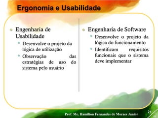Prof. Me. Hamilton Fernandes de Moraes Junior
46
21
Ergonomia e Usabilidade
 Engenharia de
Usabilidade
• Desenvolve o projeto da
lógica de utilização
• Observação das
estratégias de uso do
sistema pelo usuário
 Engenharia de Software
• Desenvolve o projeto da
lógica do funcionamento
• Identificam requisitos
funcionais que o sistema
deve implementar
 