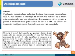 19
Decapsulamento
Prof: Valbert Oliveira
Pronto!
Finalmente, o pacote chega ao host de destino e é processado na camada de
rede. O host examina o endereço de destino para varificar se o pacote
estava endereçado para este dispositivo. Se o endereço estiver correto, o
pacote é desemcapsulado pela camada de rede e a PDU da camada de
transporte contida no pacote é passado para o serviço apropriado.
Diferente da camada de transporte, que gerencia o transporte de
dados entre os processos em execução em cada host final, os
protocolos de camada de rede especificam a estrutura e o
processamento dos pacotes usados para carregar os dados de um
host para outro. O funcionamento sem consideração aos dados de
aplicações carregadas em cada pacote permite que a camada da
rede leve pacotes para diversos tipos de comunicações entre
múltiplos hosts.
 