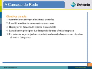 3
A Camada de Rede
Objetivos da aula
1-Reconhecer os serviços da camada de redes
2- Identificar o funcionamento desses serviços
3- Distinguir as funções do repasse e roteamento
4- Identificar os princípios fundamentais de uma tabela de repasse
5- Reconhecer as principais características das redes baseadas em circuitos
virtuais e datagrama
Prof: Valbert Oliveira
 