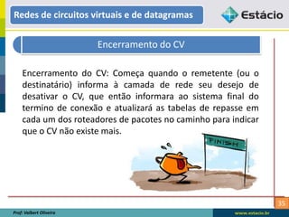 35
Redes de circuitos virtuais e de datagramas
Prof: Valbert Oliveira
Encerramento do CV
Encerramento do CV: Começa quando o remetente (ou o
destinatário) informa à camada de rede seu desejo de
desativar o CV, que então informara ao sistema final do
termino de conexão e atualizará as tabelas de repasse em
cada um dos roteadores de pacotes no caminho para indicar
que o CV não existe mais.
 
