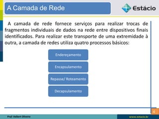4
A camada de rede fornece serviços para realizar trocas de
fragmentos individuais de dados na rede entre dispositivos finais
identificados. Para realizar este transporte de uma extremidade à
outra, a camada de redes utiliza quatro processos básicos:
Prof: Valbert Oliveira
A Camada de Rede
Endereçamento
Encapsulamento
Repasse/ Roteamento
Decapsulamento
 