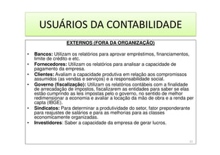 USUÁRIOS DA CONTABILIDADE
EXTERNOS (FORA DA ORGANIZAÇÃO)
• Bancos: Utilizam os relatórios para aprovar empréstimos, financiamentos,
limite de crédito e etc.
• Fornecedores: Utilizam os relatórios para analisar a capacidade de
pagamento da empresa.
• Clientes: Avaliam a capacidade produtiva em relação aos compromissos
assumidos (as vendas e serviços) e a responsabilidade social.
• Governo (fiscalização): Utilizam os relatórios contábeis com a finalidade
de arrecadação de impostos, fiscalizarem as entidades para saber se elas
estão cumprindo as leis impostas pelo o governo, no sentido de melhor
redimensionar a economia e avaliar a locação da mão de obra e a renda per
capta (IBGE).
• Sindicatos: Para determinar a produtividade do setor, fator preponderante
para reajustes de salários e para as melhorias para as classes
economicamente organizadas.
• Investidores: Saber a capacidade da empresa de gerar lucros.
11
 