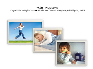 AÇÕES INDIVIDUAIS
Organismo Biológico ------ estudo das Ciências Biológicas, Psicológicas, Físicas
 