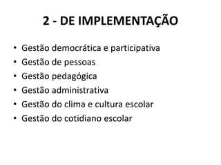 2 - DE IMPLEMENTAÇÃO
• Gestão democrática e participativa
• Gestão de pessoas
• Gestão pedagógica
• Gestão administrativa
• Gestão do clima e cultura escolar
• Gestão do cotidiano escolar
 