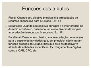 Funções dos tributos
 Fiscal: Quando seu objetivo principal é a arrecadação de
recursos financeiros para o Estado. Ex.: IR
 Extrafiscal: Quando seu objetivo principal é a interferência no
domínio econômico, buscando um efeito diverso da simples
arrecadação de recursos financeiros. Ex.: IPI.
 Parafiscal: Quando seu objetivo é a arrecadação de recursos
para o custeio de atividades que, em princípio, não integram
funções próprias do Estado, mas que este as desenvolve
através de entidades específicas. Ex.: Pagamento à órgãos
como a OAB, CFC, etc.
 