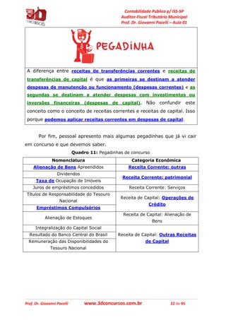 Contabilidade Pública p/ ISS-SP
Auditor-Fiscal Tributário Municipal
Prof. Dr. Giovanni Pacelli – Aula 01
Prof. Dr. Giovanni Pacelli www.3dconcursos.com.br 22 de 95
A diferença entre receitas de transferências correntes e receitas de
transferências de capital é que as primeiras se destinam a atender
despesas de manutenção ou funcionamento (despesas correntes) e as
segundas se destinam a atender despesas com investimentos ou
inversões financeiras (despesas de capital). Não confundir este
conceito como o conceito de receitas correntes e receitas de capital. Isso
porque podemos aplicar receitas correntes em despesas de capital.
Por fim, pessoal apresento mais algumas pegadinhas que já vi cair
em concurso e que devemos saber.
Quadro 11: Pegadinhas de concurso
Nomenclatura Categoria Econômica
Alienação de Bens Apreendidos Receita Corrente: outras
Dividendos
Receita Corrente: patrimonial
Taxa de Ocupação de Imóveis
Juros de empréstimos concedidos Receita Corrente: Serviços
Títulos de Responsabilidade do Tesouro
Nacional
Receita de Capital: Operações de
Crédito
Empréstimos Compulsórios
Alienação de Estoques
Receita de Capital: Alienação de
Bens
Integralização do Capital Social
Receita de Capital: Outras Receitas
de Capital
Resultado do Banco Central do Brasil
Remuneração das Disponibilidades do
Tesouro Nacional
 