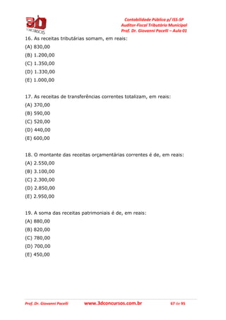 Contabilidade Pública p/ ISS-SP
Auditor-Fiscal Tributário Municipal
Prof. Dr. Giovanni Pacelli – Aula 01
Prof. Dr. Giovanni Pacelli www.3dconcursos.com.br 67 de 95
16. As receitas tributárias somam, em reais:
(A) 830,00
(B) 1.200,00
(C) 1.350,00
(D) 1.330,00
(E) 1.000,00
17. As receitas de transferências correntes totalizam, em reais:
(A) 370,00
(B) 590,00
(C) 520,00
(D) 440,00
(E) 600,00
18. O montante das receitas orçamentárias correntes é de, em reais:
(A) 2.550,00
(B) 3.100,00
(C) 2.300,00
(D) 2.850,00
(E) 2.950,00
19. A soma das receitas patrimoniais é de, em reais:
(A) 880,00
(B) 820,00
(C) 780,00
(D) 700,00
(E) 450,00
 