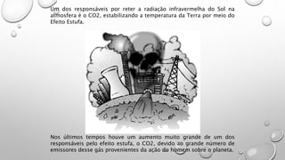 Um dos responsáveis por reter a radiação infravermelha do Sol na
atmosfera é o CO2, estabilizando a temperatura da Terra por meio do
Efeito Estufa.
Nos últimos tempos houve um aumento muito grande de um dos
responsáveis pelo efeito estufa, o CO2, devido ao grande número de
emissores desse gás provenientes da ação do homem sobre o planeta.
 