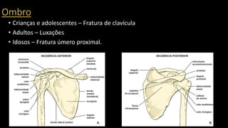 Ombro
• Crianças e adolescentes – Fratura de clavícula
• Adultos – Luxações
• Idosos – Fratura úmero proximal.
 