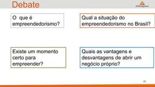 Debate
23
O que é
empreendedorismo?
Qual a situação do
empreendedorismo no Brasil?
Existe um momento
certo para
empreender?
Quais as vantagens e
desvantagens de abrir um
negócio próprio?
 