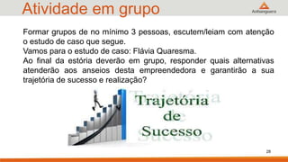 Atividade em grupo
28
Formar grupos de no mínimo 3 pessoas, escutem/leiam com atenção
o estudo de caso que segue.
Vamos para o estudo de caso: Flávia Quaresma.
Ao final da estória deverão em grupo, responder quais alternativas
atenderão aos anseios desta empreendedora e garantirão a sua
trajetória de sucesso e realização?
 