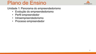 Plano de Ensino
7
Unidade 1: Panorama do empreendedorismo
• Evolução do empreendedorismo
• Perfil empreendedor
• Intraempreendedorismo
• Processo empreendedor
 