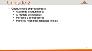 Unidade 2
8
• Oportunidade empreendedora:
• Avaliando oportunidades
• O modelo de negócios
• Mercado e competidores
• Plano de negócios: conceitos iniciais
 