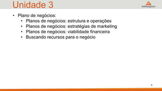 Unidade 3
9
• Plano de negócios:
• Planos de negócios: estrutura e operações
• Planos de negócios: estratégias de marketing
• Planos de negócios: viabilidade financeira
• Buscando recursos para o negócio
 