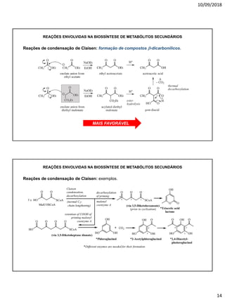 10/09/2018
14
Reações de condensação de Claisen: formação de compostos b-dicarbonílicos.
REAÇÕES ENVOLVIDAS NA BIOSSÍNTESE DE METABÓLITOS SECUNDÁRIOS
MAIS FAVORÁVEL
Reações de condensação de Claisen: exemplos.
REAÇÕES ENVOLVIDAS NA BIOSSÍNTESE DE METABÓLITOS SECUNDÁRIOS
 