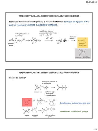 10/09/2018
15
Formação de bases de Schiff (iminas) e reação de Mannich: formação de ligações C-N a
partir da reação entre AMINAS E ALDEÍDOS/ CETONAS.
REAÇÕES ENVOLVIDAS NA BIOSSÍNTESE DE METABÓLITOS SECUNDÁRIOS
Reação de Mannich
REAÇÕES ENVOLVIDAS NA BIOSSÍNTESE DE METABÓLITOS SECUNDÁRIOS
Semelhante ao tautomerismo ceto-enol
Semelhante à condensação aldólica
 