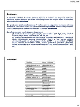 10/09/2018
22
Cofatores
A atividade catalítica de muitas enzimas depende a presença de pequenas moléculas
orgânicas, ou íons metálicos que atuam como coadjuvantes nas reações. Estes coadjuvantes
são denominados cofatores.
Em geral, esses cofatores são capazes de realizar reações bioquímicas complexas ativando
as enzimas. Uma enzima sem a sua cofator é chamado apoenzima. A apoenzima juntamente
com o cofator torna-se ativa cataliticamente e é chamado holoenzima.
Os cofatores podem ser divididos em dois grupos:
(1) cofatores elementares, por exemplo, íons metálicos (K +, Mg2+, Ca2+, Fe2+/Fe3+,
Cu+/Cu2+, etc) e metais como o Mn, Co, Se, Mo, etc.
(2) orgânico pequeno moléculas derivadas de vitaminas, por exemplo, a coenzima A
(CoA), nicotinamida adenina dinucleotídeo (NAD+) e seu hidreto (NADH),
nicotinamidafosfato de dinucleotídeo adenina (NADP +) e seu hidreto (NADPH),
flavina adenina dinucleotídeo (FAD+), tiamina pirofosfato (difosfato) (TPP/TDP),
fosfato de piridoxal (PLP), trifosfato de adenosina (ATP), biotina, tetraidrofolato (THF),
etc.
Cofatores
 